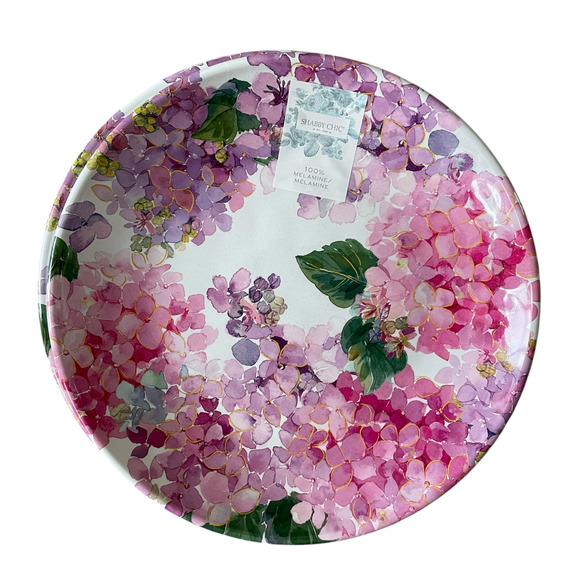 NEW Shabby Chic Pink Floral Hydrangea Melamine Dinner Plates 11in Set of 4 - Picture 2 of 9